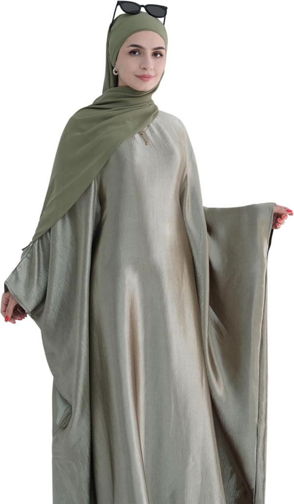 Abaya Muslim Dress Women Satin Prayer Dress Batwing Long Sleeve Middle East Arabian Robe with Hijab - Image 2